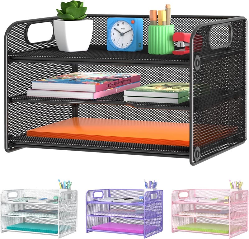 Samstar 3 Tier Letter Tray Paper Organizer with Handle, Mesh Desk Organizer Paper Sorter File Rack Shelves, Black - Image 1